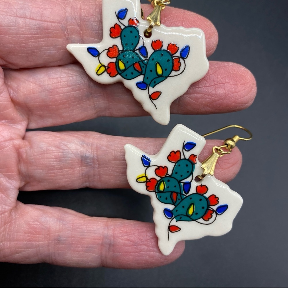 Texas Christmas Earrings Porcelain Ceramic Cactus With String Of Lights